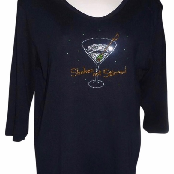 CACTUS BAY  Black Tee shirt "Shaken Not Stirred" Rhinestones Size M - Picture 6 of 6